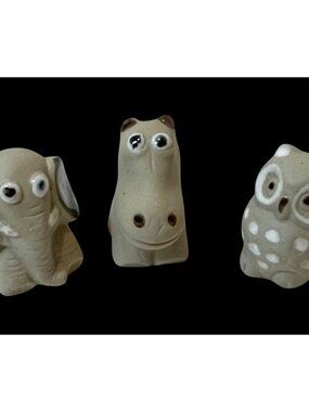 Set Of 3 Handcrafted Ceramic Animal Plant Pot Pal Figurines Elephant Hippo and O